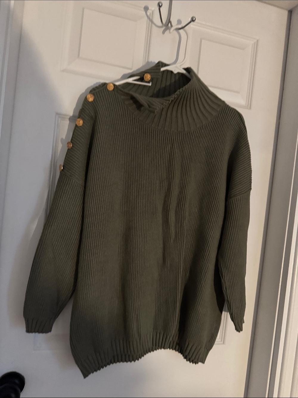 Oversized Ribbed Sweater with Shoulder Button Detail - Olive